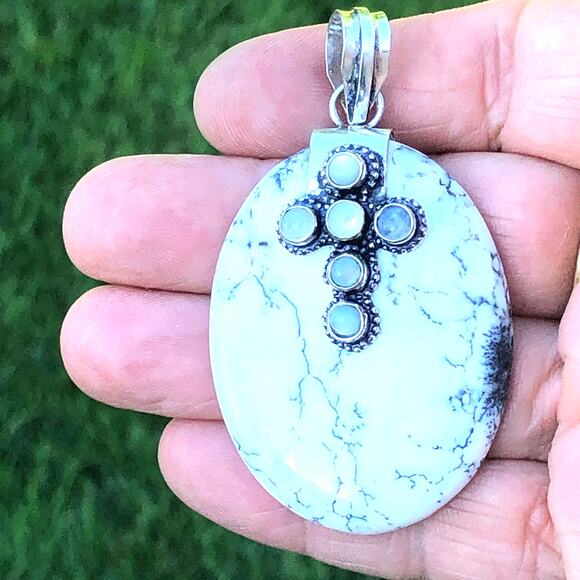 925 Sterling Large Dendrite & Moonstone Cross Pendant - Picture 4 of 5